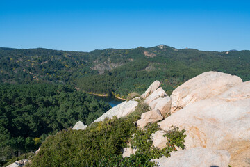 Fototapeta na wymiar Sintra mountains Barragem da Mula Dam lake reservoir from a viewpoint, in Portugal