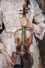 girl in a white dress holding a violin in her hands. Palette knife technique of oil painting and brush. © Mariia