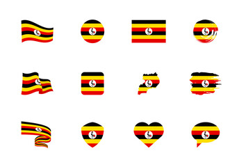 Uganda flag - flat collection. Flags of different shaped twelve flat icons.