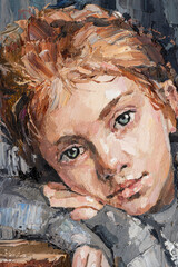 Young girl, on a gray-blue cold background. Oil peinting on canvas.