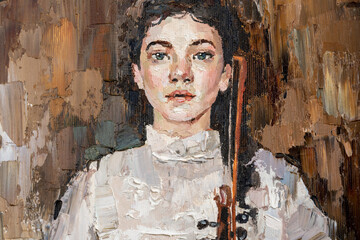 Art painting. Portrait of a girl with brown hair is made in a classic style. Background is dark.