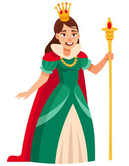 Queen holding scepter. Royal character in cartoon style.