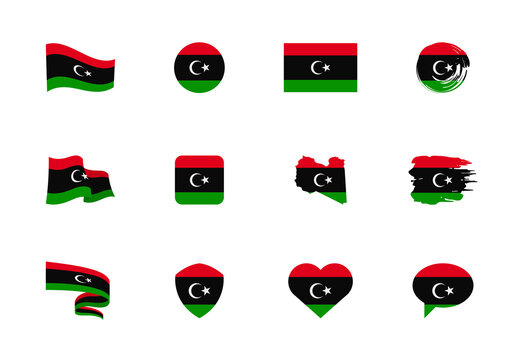 Libya flag - flat collection. Flags of different shaped twelve flat icons.