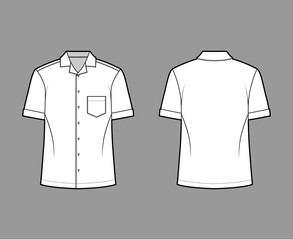 Shirt camp technical fashion illustration with short sleeves, angled patch pocket, relax fit, button-down, open collar. Flat template front, back white color. Women men unisex top CAD mockup