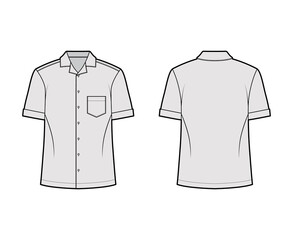 Shirt camp technical fashion illustration with short sleeves, angled patch pocket, relax fit, button-down, open collar. Flat template front, back grey color. Women men unisex top CAD mockup