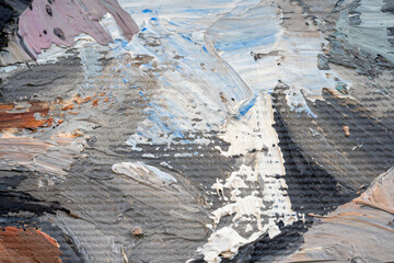 Macro. Abstract art. Expressive embossed pasty oil paints and reliefs. Colors: white, brown, grey.