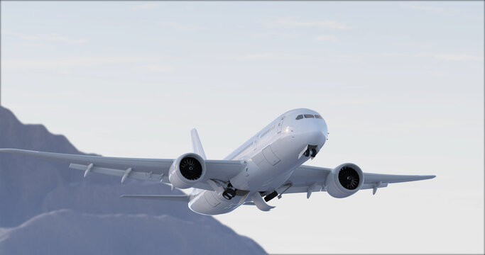 Commercial Jet Plane takes off. Landing gear down 3D render