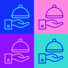 Pop art line Covered with a tray of food icon isolated on color background. Tray and lid sign. Restaurant cloche with lid. Vector.