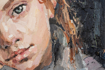 Fragment of portrait  young girl, on a gray-blue cold background. Oil peinting on canvas.