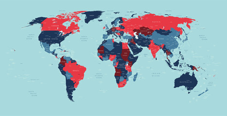 World political vector detailed map in modern colors