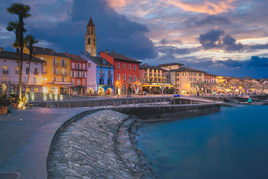 Ascona, Switzerland - Oct 2020: Promenade of Ascona on Lake Maggiore or Lago Maggiore in the evening, Ascona, Canton of Ticino, Switzerland