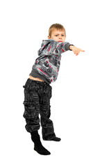 Boy grimaces and indulges on a white background. Isolated.