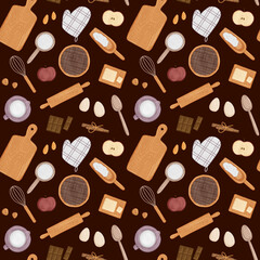 Fototapeta na wymiar Seamless pattern of bakery elements. Digital illustration of ingredients and kitchen utencils with brown background for print, design, wallpaper, texture.