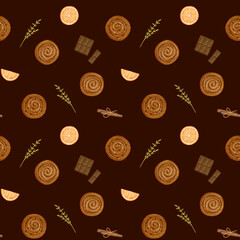Fototapeta na wymiar Seamless pattern of bakery. Digital illustration of buns, cinnamon, chocolate and orange with brown background for print, design, wallpaper, texture.