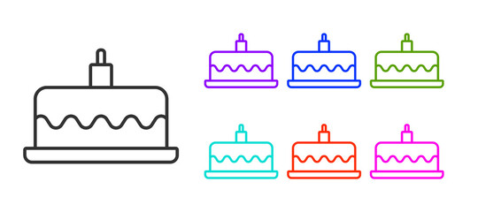 Black line Cake with burning candles icon isolated on white background. Happy Birthday. Set icons colorful. Vector.