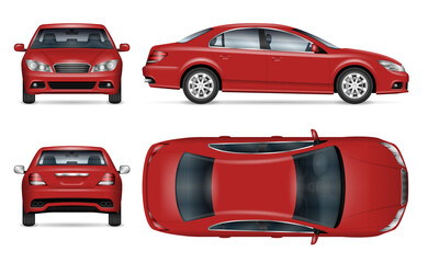 Sedan car vector mockup for vehicle branding, advertising, corporate identity. View from side, front, back and top. All elements in the groups on separate layers for easy editing and recolor. - obrazy, fototapety, plakaty