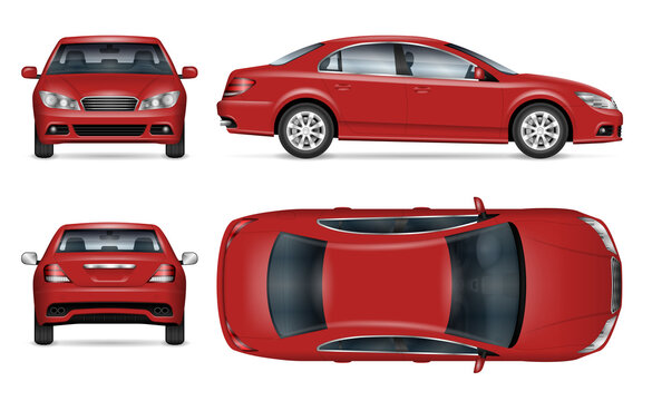 Sedan car vector mockup for vehicle branding, advertising, corporate identity. View from side, front, back and top. All elements in the groups on separate layers for easy editing and recolor.