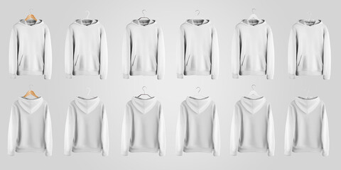 White hoodie mockup hanging on different material hangers, front and back view, isolated on background.