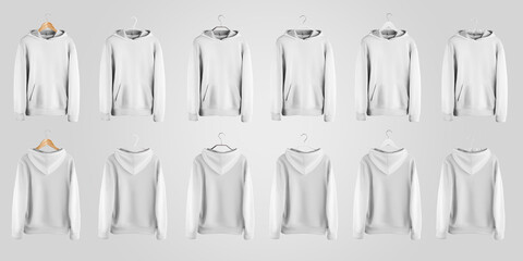 White hoodie mockup hanging on different material hangers, front and back view, isolated on...