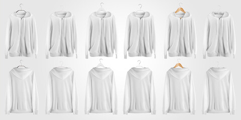 Mockup white hoodie with zip and ties, blank clothes for design presentation, print, front and back view.