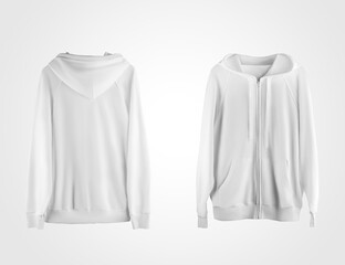 Mockup white hoodie with zipper, drawstring hoodie, front, back view, isolated on background.