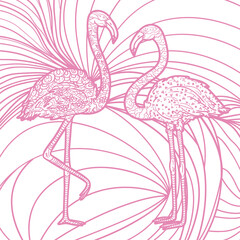 Naklejka premium Square pattern with zen birds. Freehand art. Zentangle. Hand drawn line background with flamingos