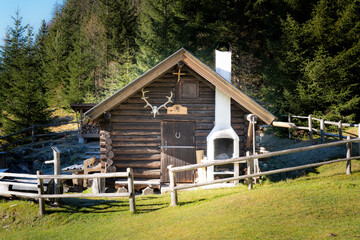 old wooden log cabin with deer antlers and brick fireplace in forest clearing