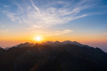 Sunrise in High Tatras mountains national park in Slovakia. Scenic image of mountains. The sunrise over Carpathian mountains