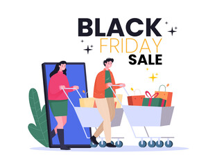 black friday illustration concept, men and women pushing shopping baskets, online shopping, discounts, social media illustrations