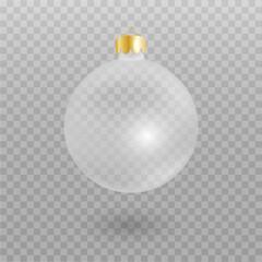 Christmas glass ball isolated on a transparent background. Vector realistic transparent ball. Mockup. blank 3D template. Close up. Festive xmas and New year decoration. EPS 10.