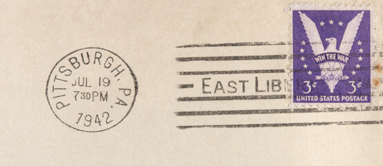 vintage retro alt old briefmarke stamp gestempelt frankiert cancel used usa amerika america pittsburgh juli 1942 east liberty win the war krieg gewinnen adler eagle lila purple vogel bird