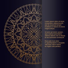 Template for card or invitation with round golden mandala and place for text. Vector design with floral pattern.
