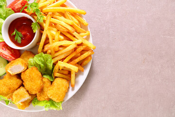chicken nugget with french fries and ketchup