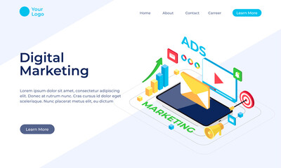 Modern flat design isometric concept of Digital Marketing, e-commerce, data analysis tool isometric web banner illustration. Premium Vector