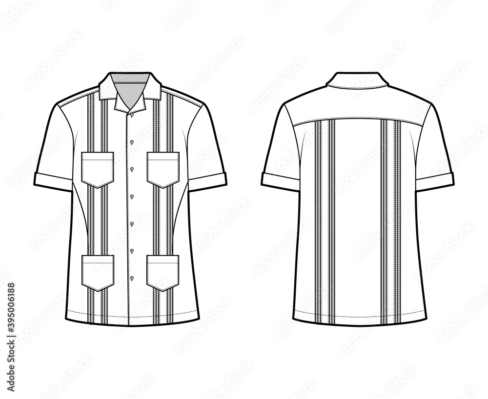 Wall mural Shirt guayabera technical fashion illustration with short sleeves, pintucked, patch pockets, relax fit, yoke, button-down, open collar. Flat template front, back white color. Women men top CAD mockup - Wall murals