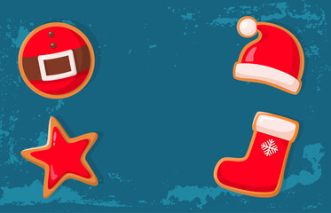 Naklejka premium Merry Christmas banner, gingerbread cookies in shape of Santa hat and belt, star and Xmas sock. Winter holiday crispy treat, homemade dessert vector