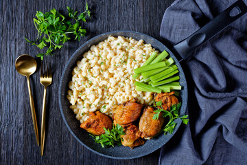 roast chicken thighs with pasta in a skillet