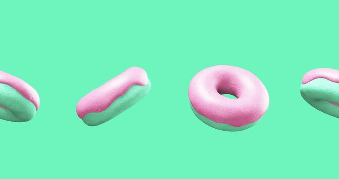 Minimal motion design. 3d vanilla donuts on blue abstract background. Fast food concept art. 4k video