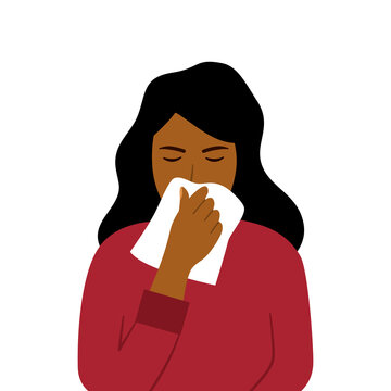 Black woman sneezing concept vector on white background. African woman blowing in handkerchief. Sick woman sneeze. Season allergy. COVID-19 Coronavirus infection.	
