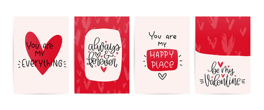 Valentines day pink , gold and dark red greeting card set with modern calligraphy love messages. Vertical, horizontal and square card designs with large hearts and abstract shapes background.