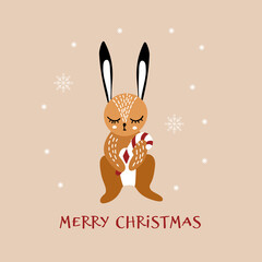 Cute cartoon rabbit with candy. Christmas greeting card. Vector illustration.