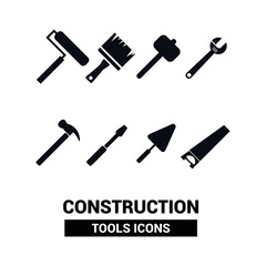 Vector image. Collection of different construction tools. Black solid icons.