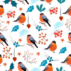 Seamless pattern with bullfinches and berry twigs