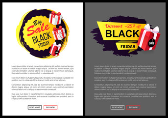 Fototapeta premium Black Friday sale off promo sticker, advertising coupon with gift boxes. Wholesale price tags icons decorated by packages on web poster with text