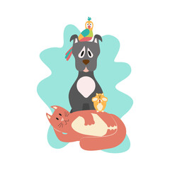 Pet shop logo with cat, dog, parrot and hamster. Colorful design for store, veterinary, clinic, shelter, exhibition. Vector logo illustration.