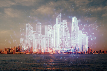 Double exposure of buildings hologram over cityscape background. Concept of smart city.