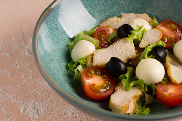 Meat salad with tomatoes, olives, mazarella and herbs