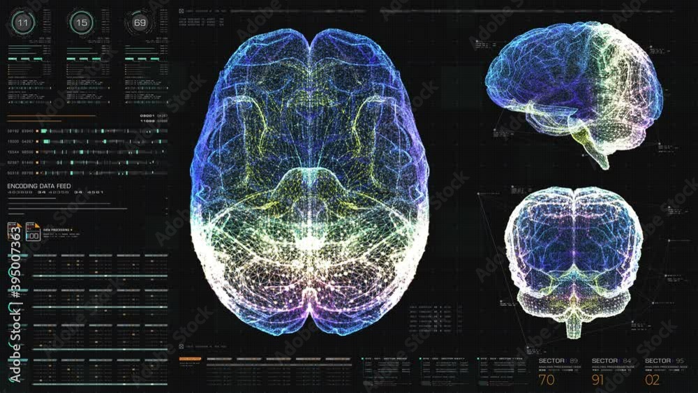 Aufkleber Futuristic holographic simulation of artificial neural networks, artificial intelligence deep learning performing analytic computational head up display background