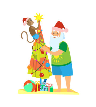 Santa Claus and monkey decorating umbrella topped by star with balls and garlands New Year in hot countries, Saint Nicholas on vocation, vector packed gifts