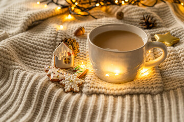 Christmas decor. Mug and Christmas cookies on a knitted sweater. Cozy rest